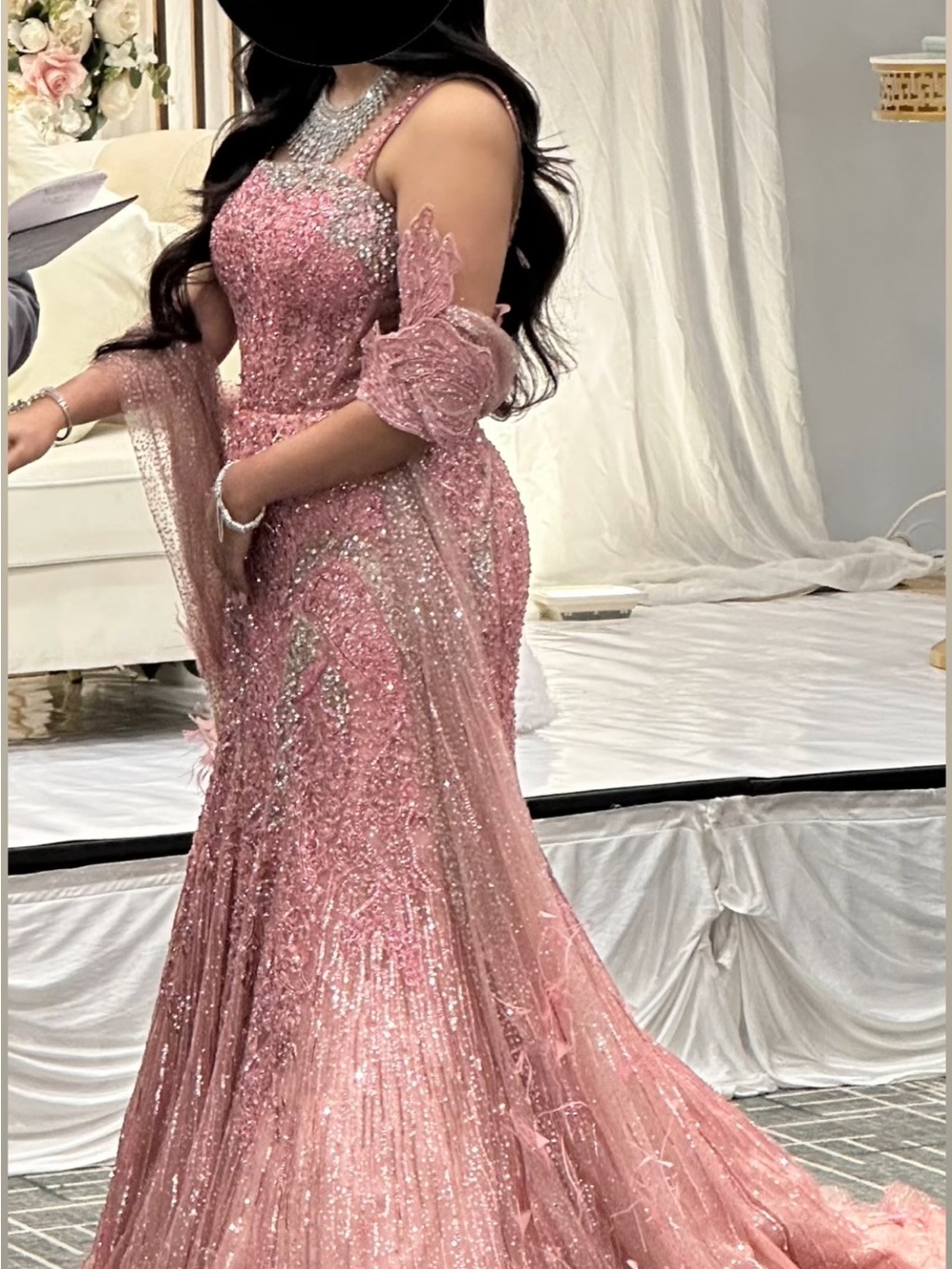 Embellished Pink Sequin Mermaid Wedding Dress with Draped Sleeve